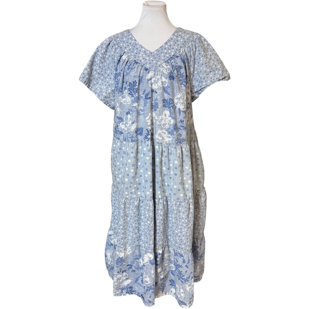 Only Necessities Tiered Dress L 18/20 Blue Floral Polka Dot Cotton Midi Pocket